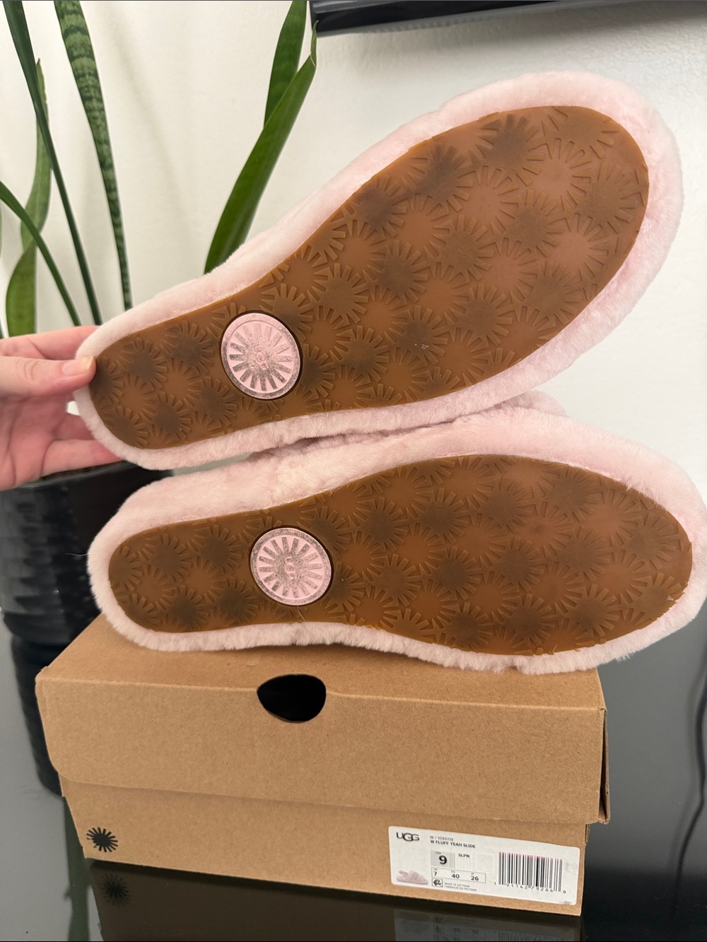 UGG Blush Pink Plush Slide Sandals with Branded Heel Strap - Picture 7 of 8